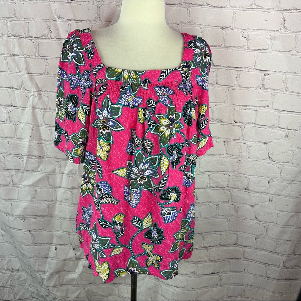 NWT LOFT hibiscus Floral flutter sleeve Tunic womens M tropical beach resort